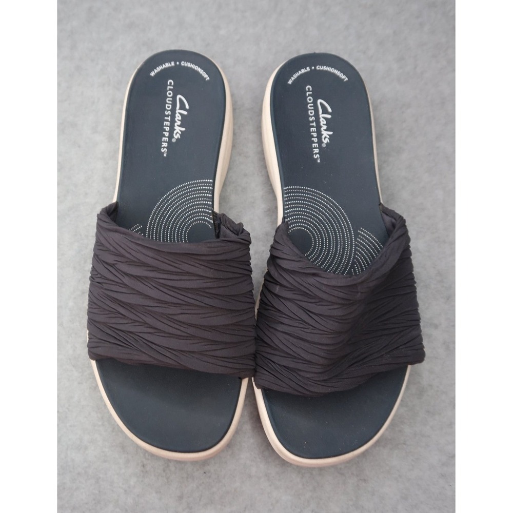Clarks Cloudsteppers Black Ruched Slide Sandals Cushioned Comfort Women's 7.5